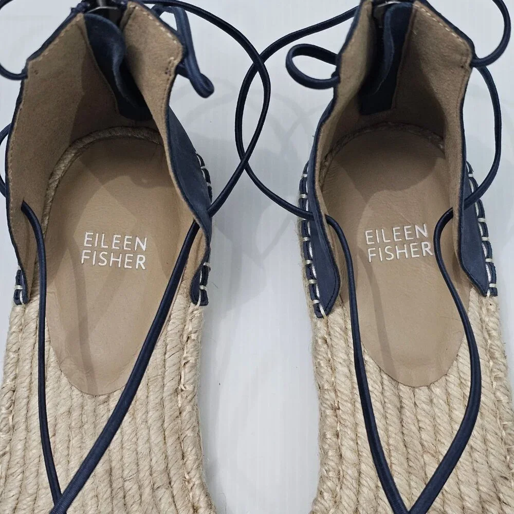 Eileen Fisher Lace Up Espadrille Flats Womens 11 Denim Blue Leather Sandal